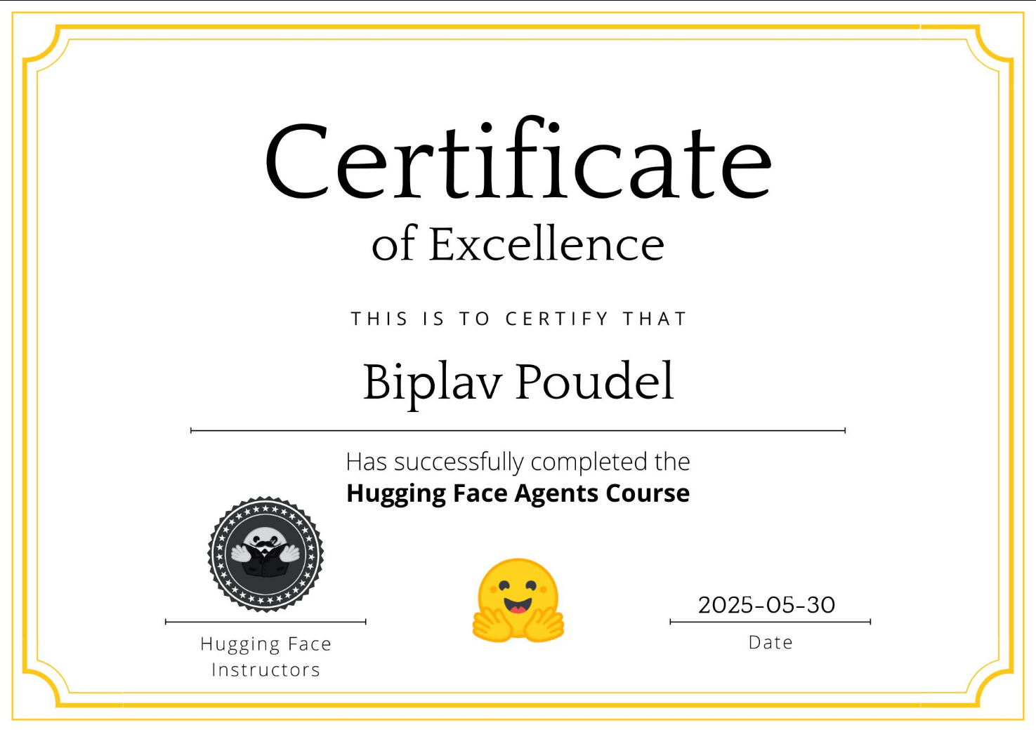 Hugging Face Agents Course: Certificate of Excellence