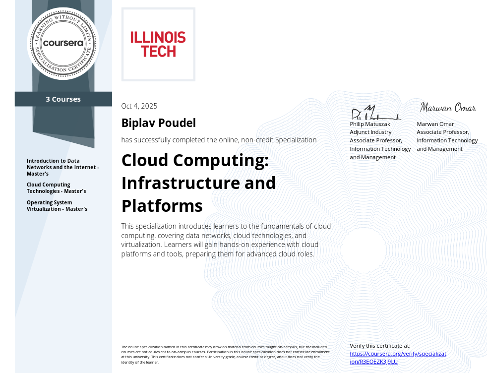 Cloud Computing: Infrastructure and Platforms - Master's Specialization